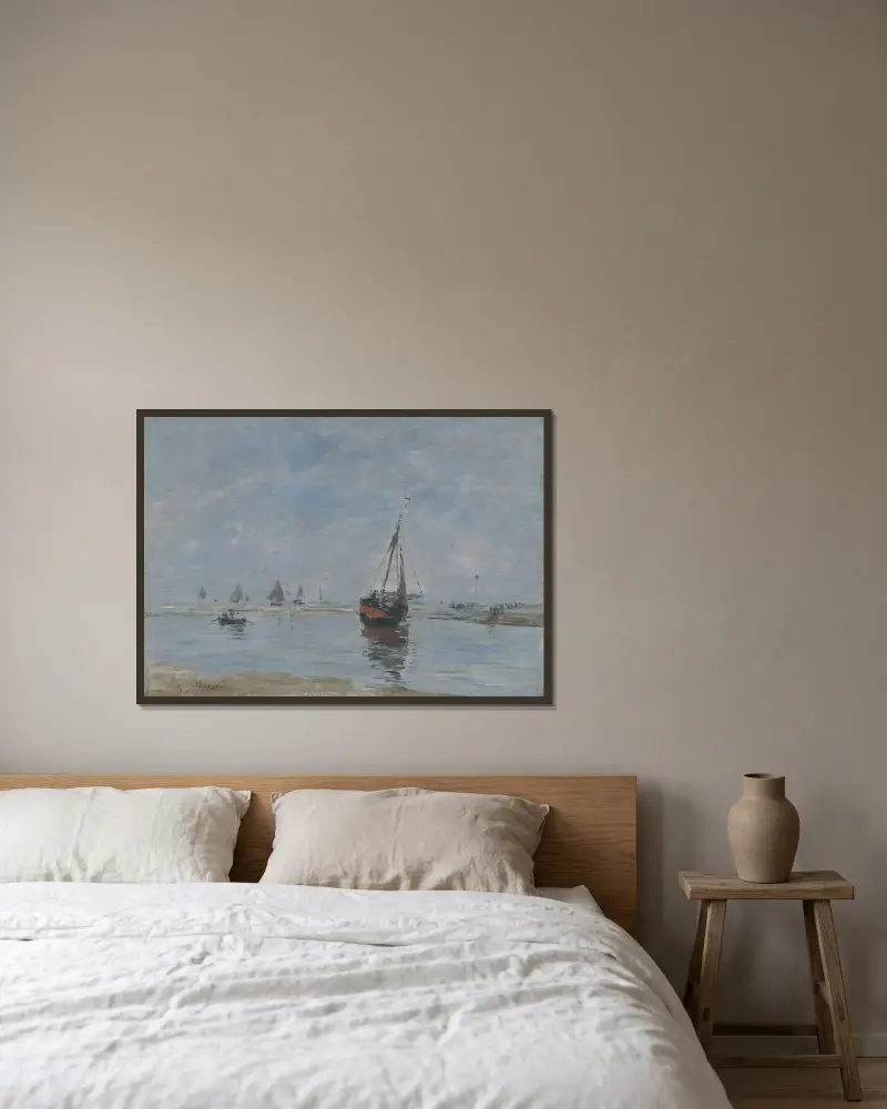 Trouville vid lågvatten av Eugène Boudin inramad på en vägg