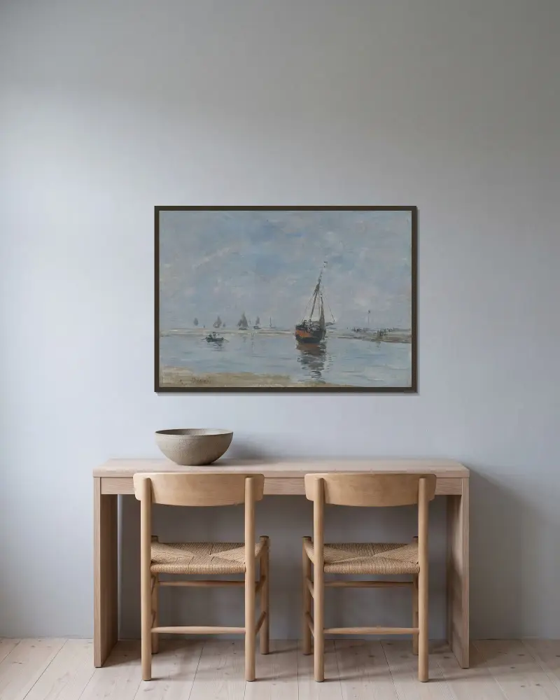 Trouville vid lågvatten av Eugène Boudin inramad på en vägg