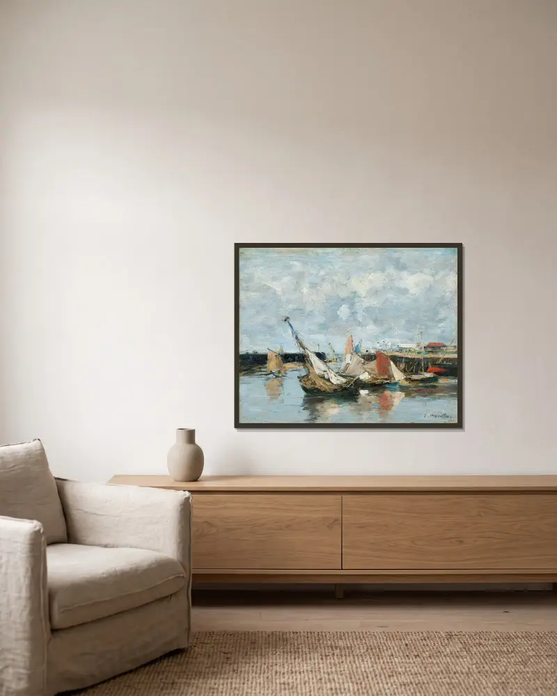 Trouville, båtar vid lågvatten av Eugène Boudin inramad på en vägg