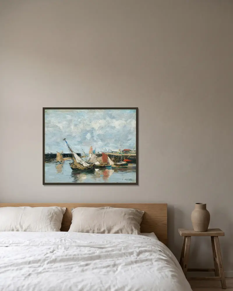 Trouville, båtar vid lågvatten av Eugène Boudin inramad på en vägg