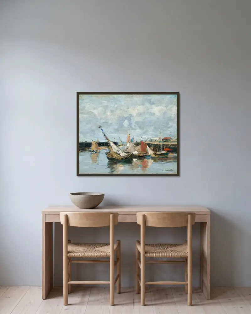Trouville, båtar vid lågvatten av Eugène Boudin inramad på en vägg