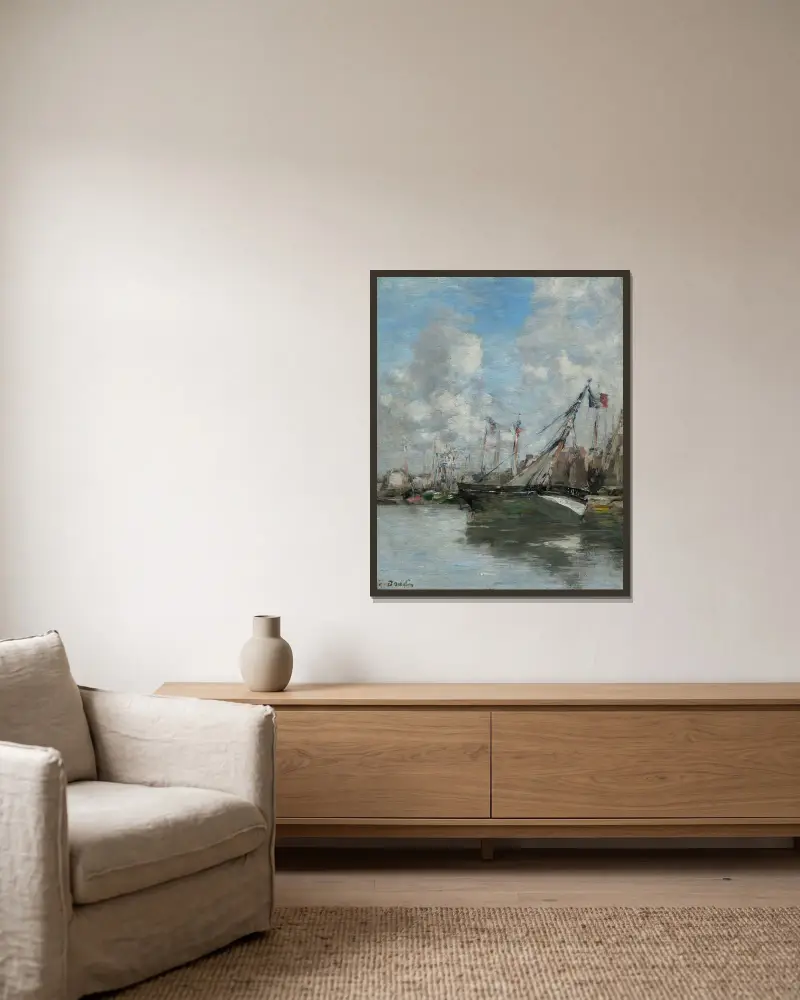 Trouville, strandade båtar av Eugène Boudin inramad på en vägg
