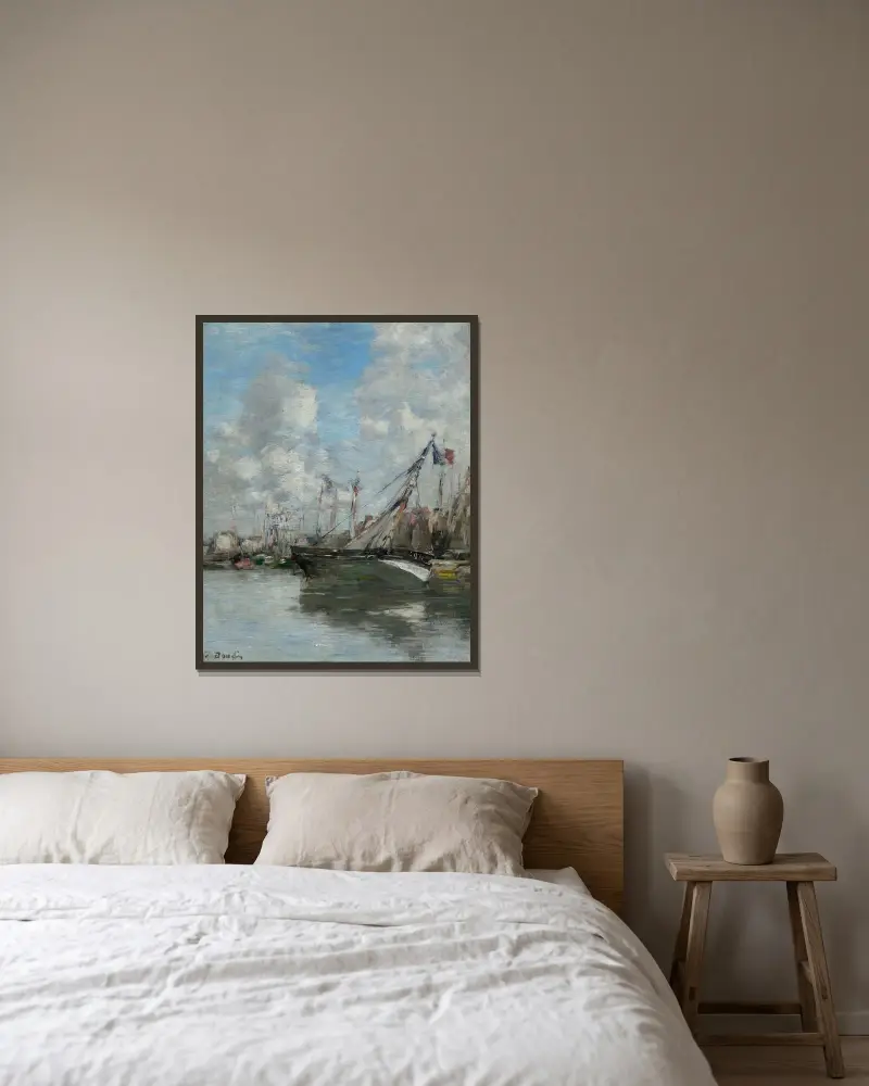 Trouville, strandade båtar av Eugène Boudin inramad på en vägg