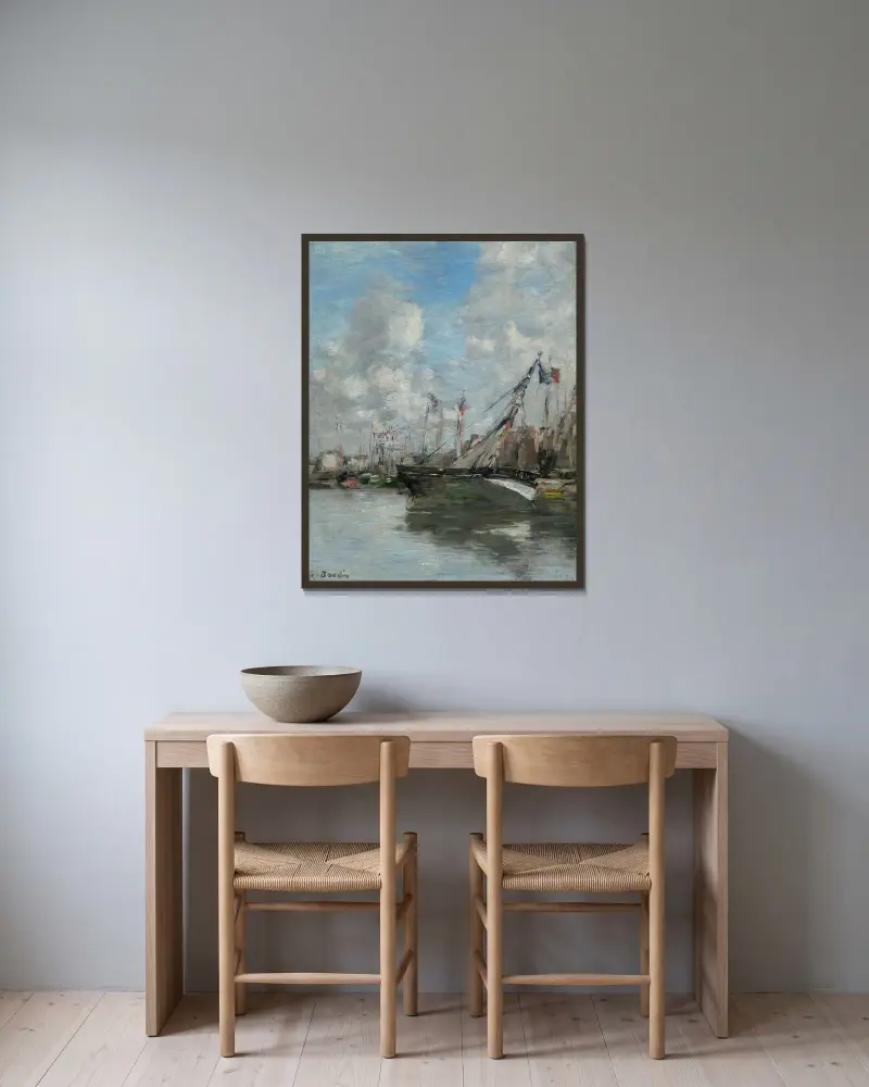 Trouville, strandade båtar av Eugène Boudin inramad på en vägg