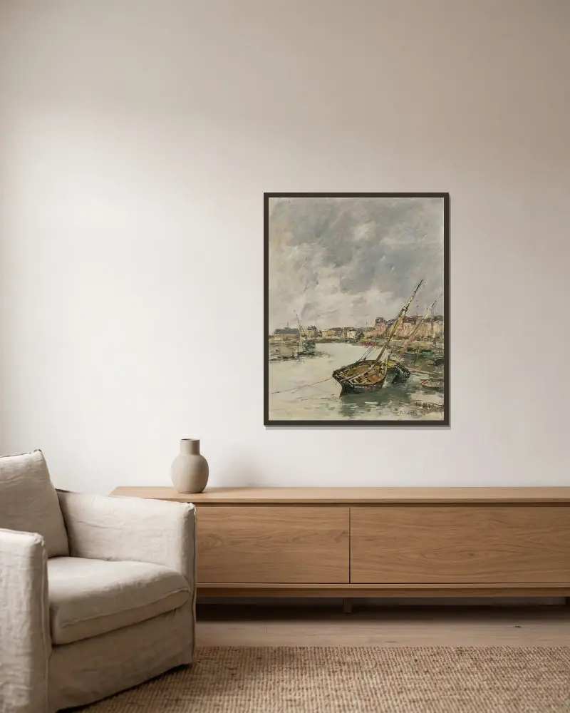 Trouville, hamnen, lågvatten av Eugène Boudin inramad på en vägg