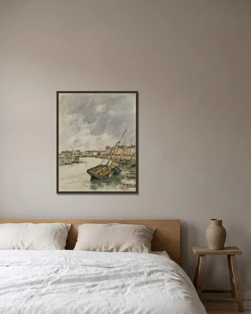 Trouville, hamnen, lågvatten av Eugène Boudin inramad på en vägg