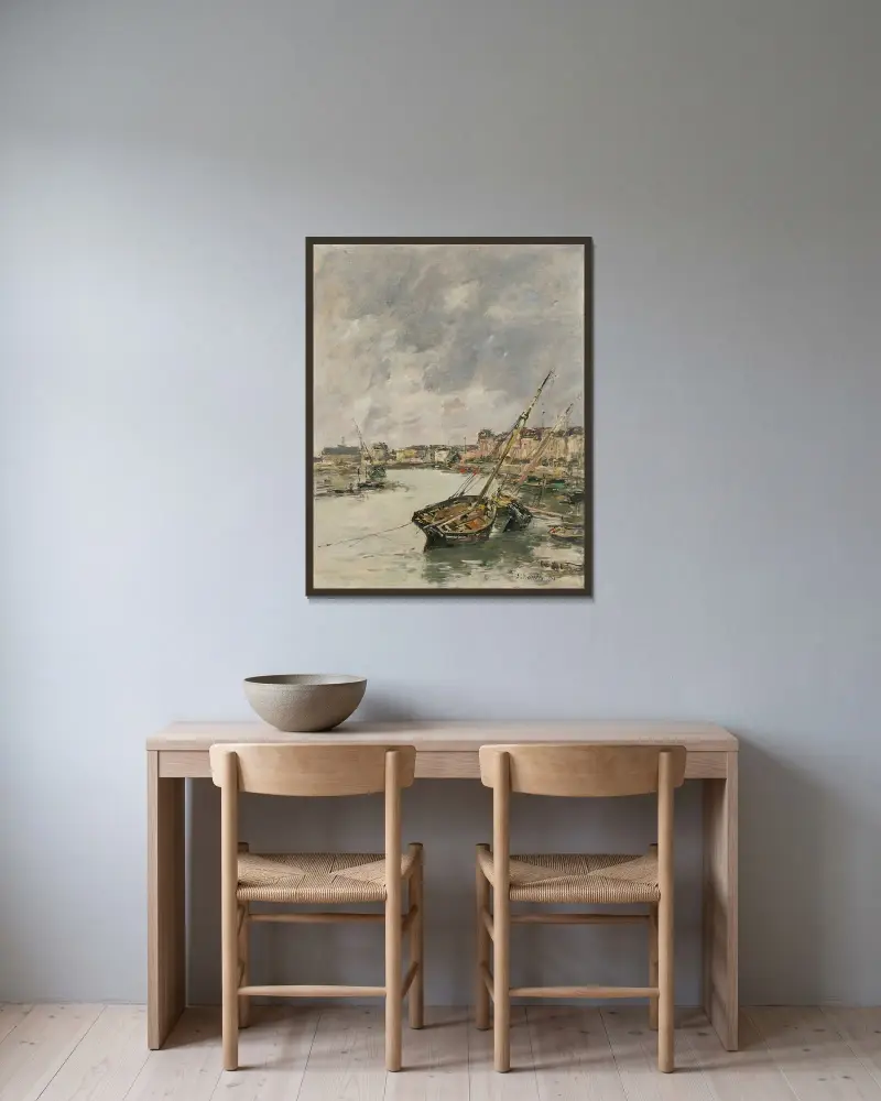 Trouville, hamnen, lågvatten av Eugène Boudin inramad på en vägg