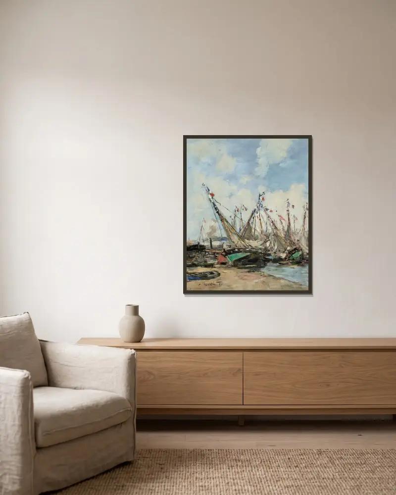 Trouville, hamnen, strandade segelbåtar av Eugène Boudin inramad på en vägg