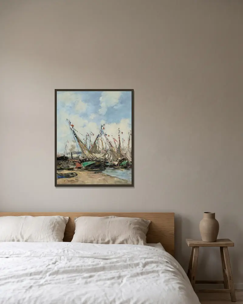 Trouville, hamnen, strandade segelbåtar av Eugène Boudin inramad på en vägg