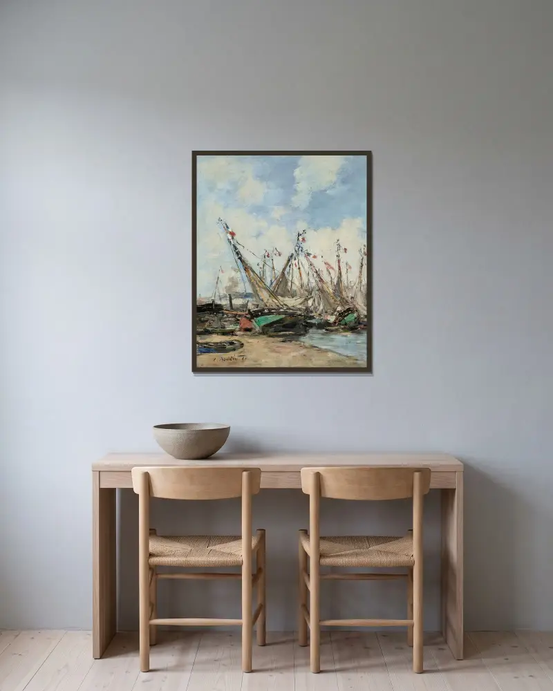 Trouville, hamnen, strandade segelbåtar av Eugène Boudin inramad på en vägg