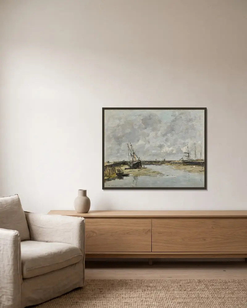 Trouville, pirerna, lågvatten av Eugène Boudin inramad på en vägg