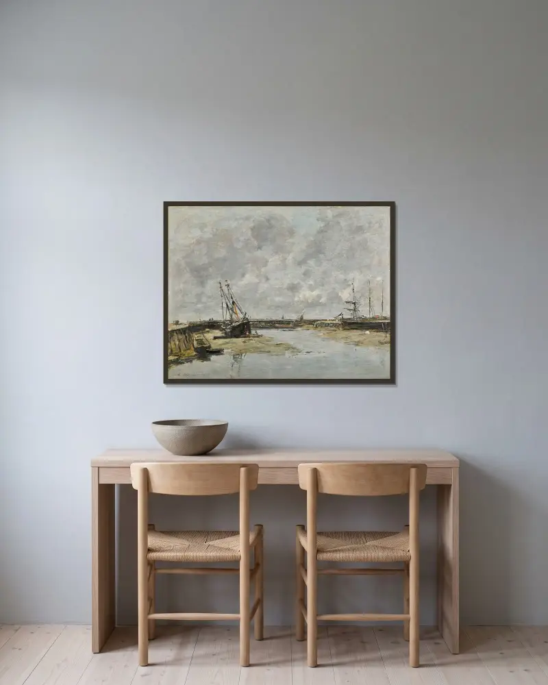 Trouville, pirerna, lågvatten av Eugène Boudin inramad på en vägg
