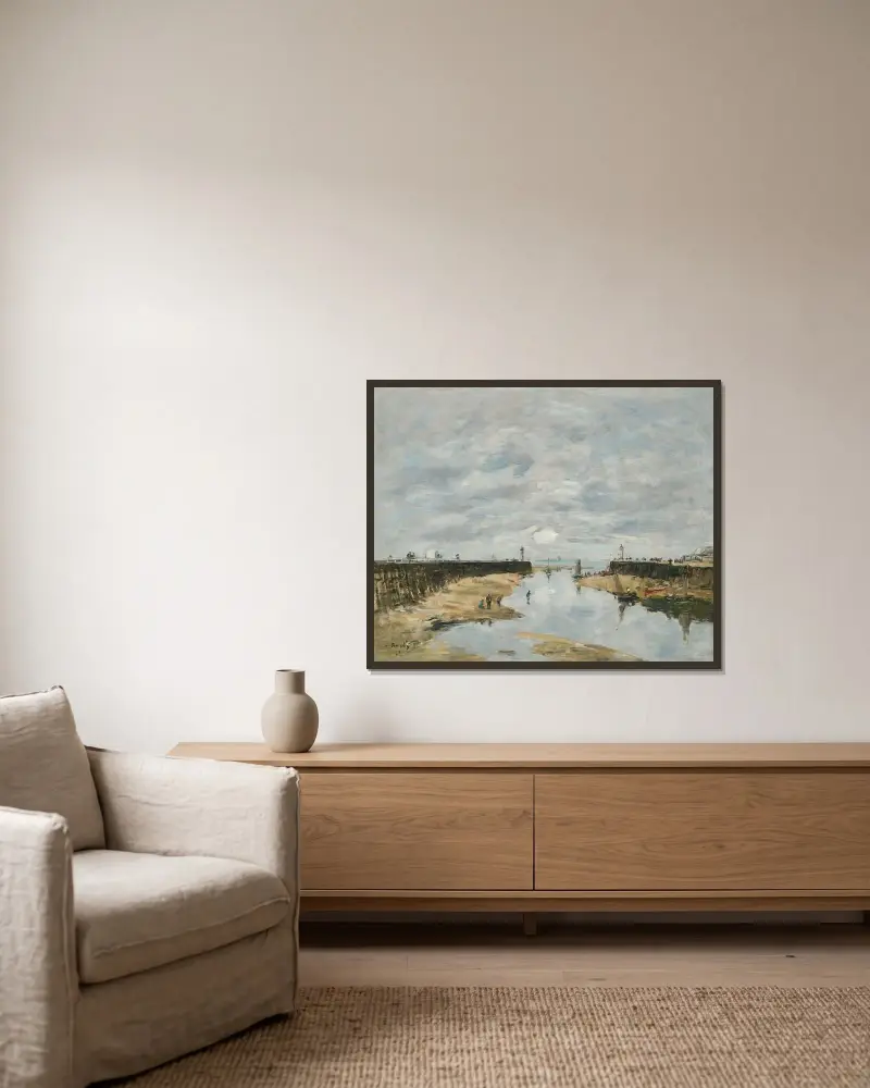 Trouville, pirarna, lågvatten av Eugène Boudin inramad på en vägg