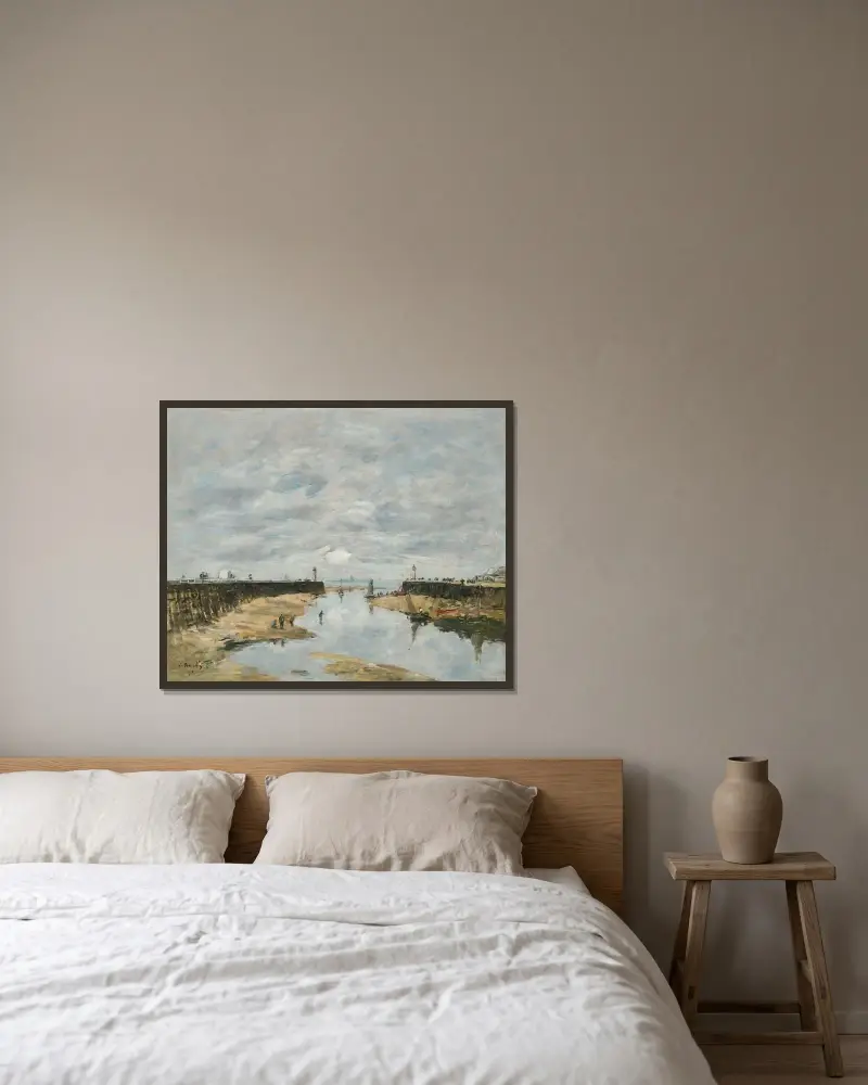 Trouville, pirarna, lågvatten av Eugène Boudin inramad på en vägg