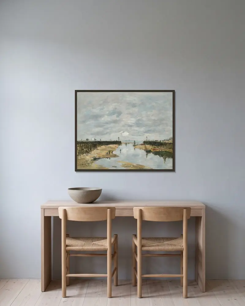 Trouville, pirarna, lågvatten av Eugène Boudin inramad på en vägg