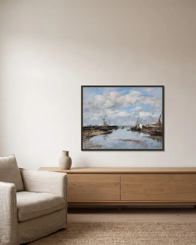 Trouville, pirerna, lågvatten av Eugène Boudin inramad på en vägg
