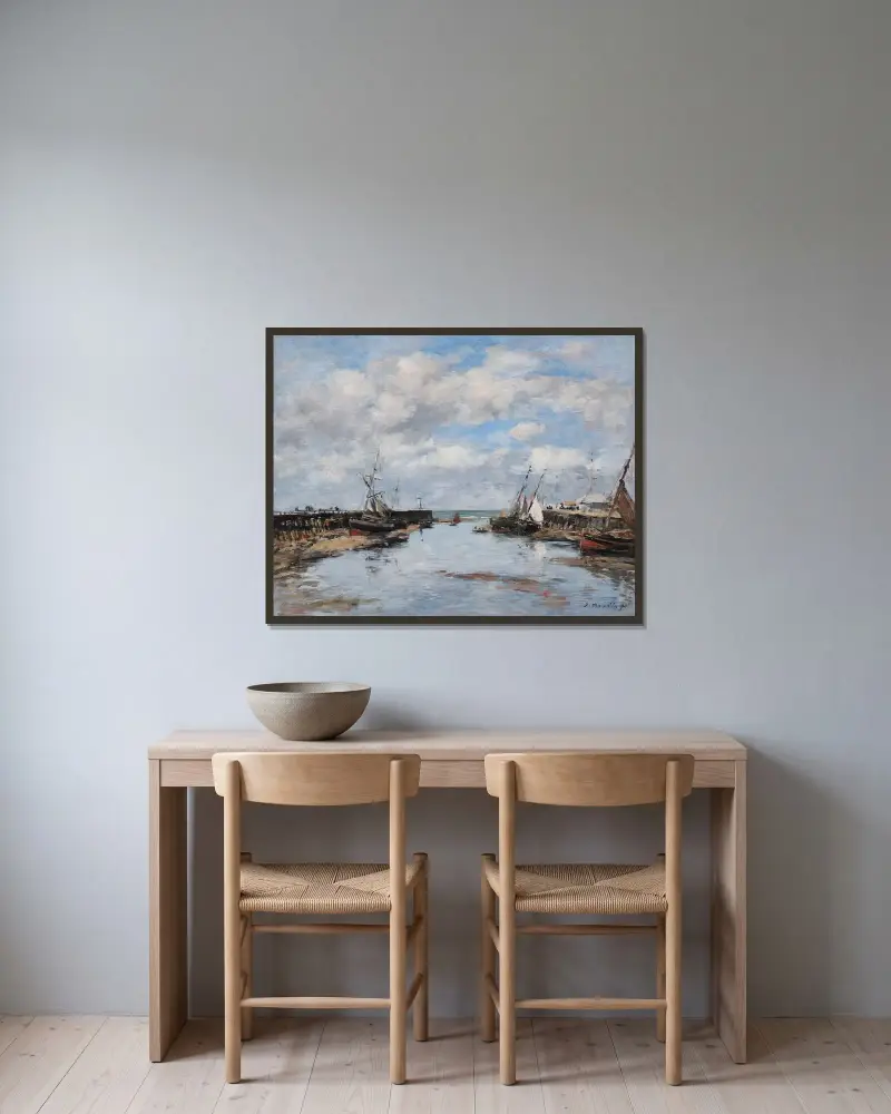 Trouville, pirerna, lågvatten av Eugène Boudin inramad på en vägg