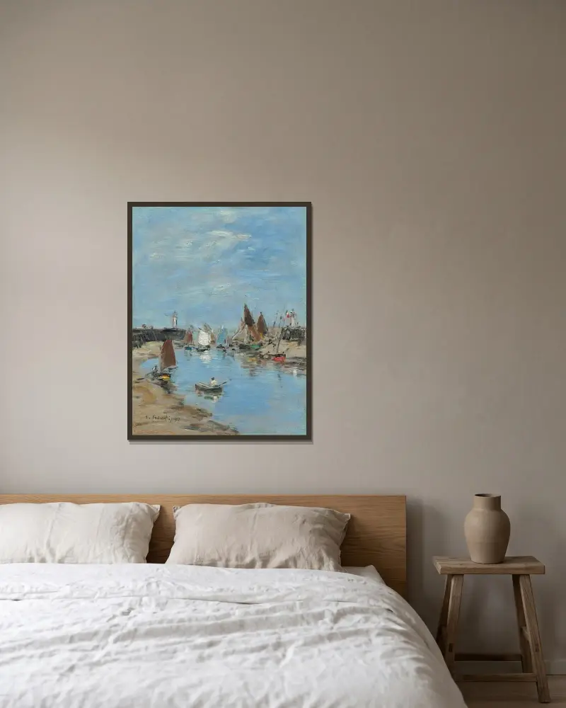 Trouville. Pirarna, lågvatten av Eugène Boudin inramad på en vägg