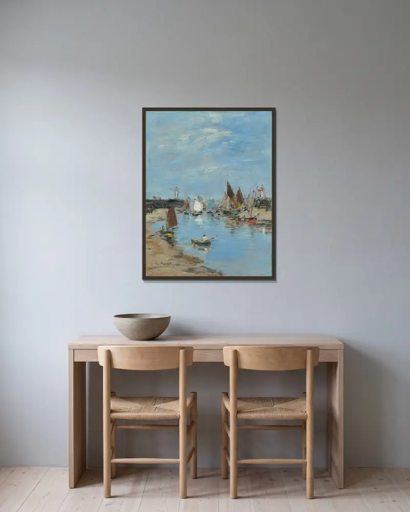 Trouville. Pirarna, lågvatten av Eugène Boudin inramad på en vägg