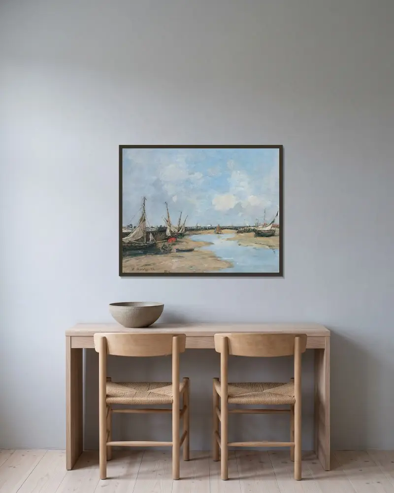 Trouville, pirerna, lågvatten av Eugène Boudin inramad på en vägg