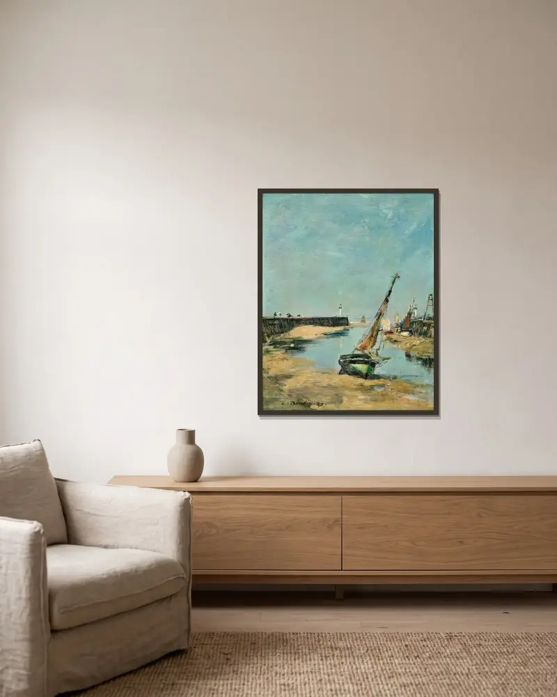 Trouville, pirerna vid lågvatten av Eugène Boudin inramad på en vägg