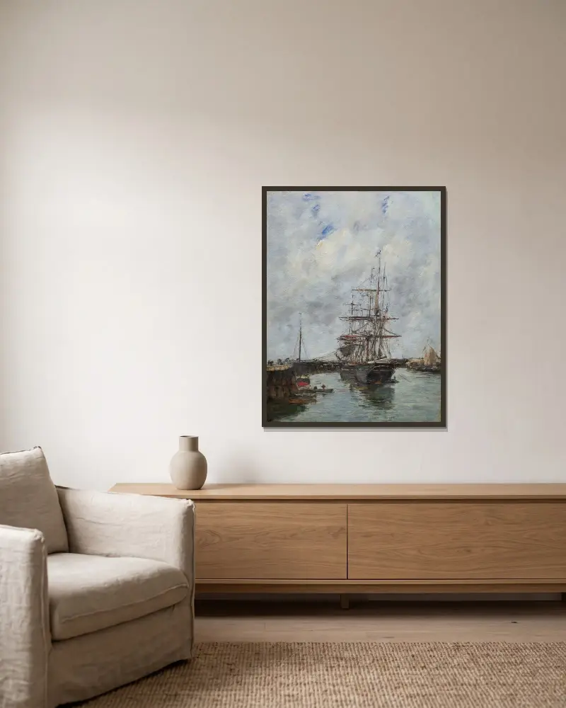 Trouville, pirerna vid högvatten av Eugène Boudin inramad på en vägg