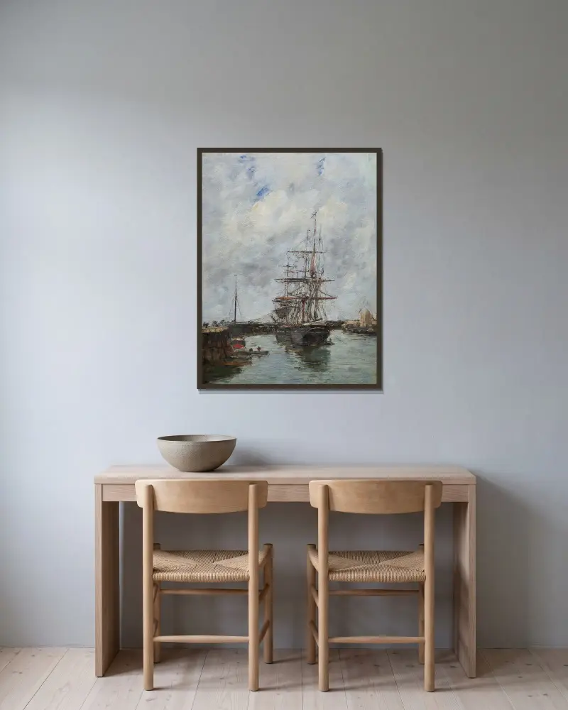 Trouville, pirerna vid högvatten av Eugène Boudin inramad på en vägg