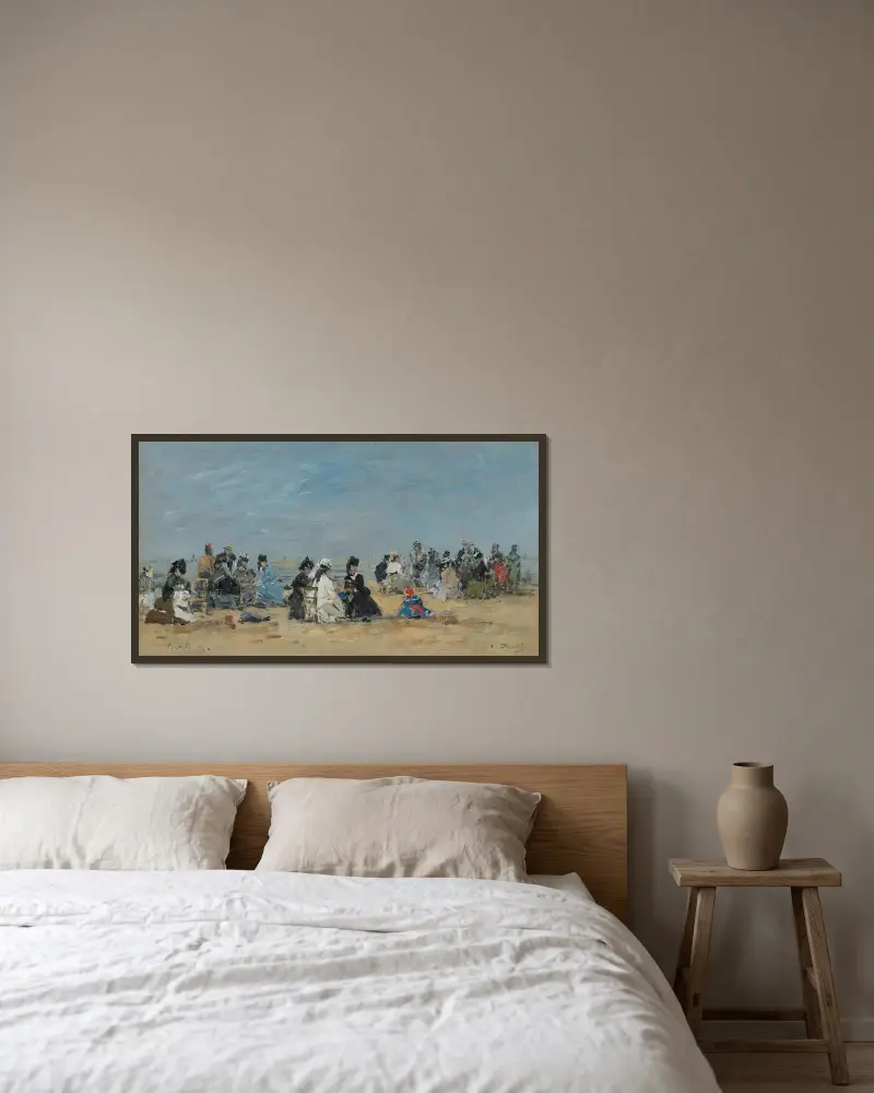 Trouville, strandscen av Eugène Boudin inramad på en vägg