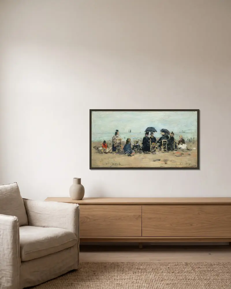 Trouville, strandscen av Eugène Boudin inramad på en vägg
