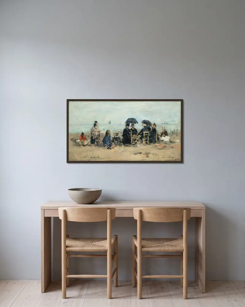 Trouville, strandscen av Eugène Boudin inramad på en vägg