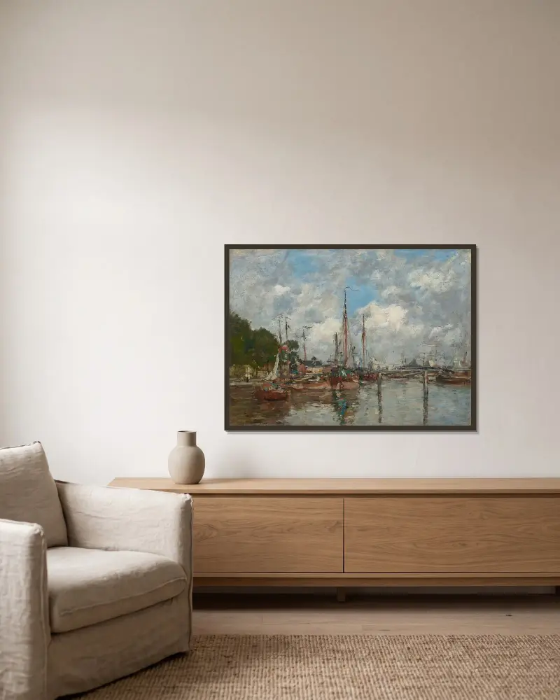 Trouville, en hamnkrök av Eugène Boudin inramad på en vägg