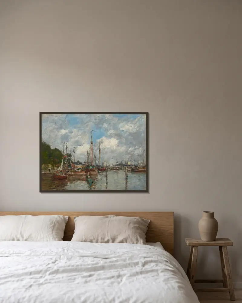 Trouville, en hamnkrök av Eugène Boudin inramad på en vägg