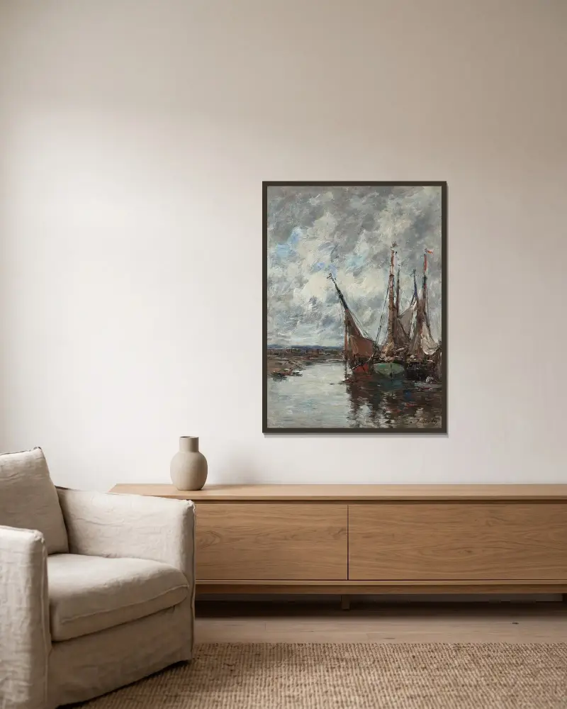 Trouville, strandade segelbåtar av Eugène Boudin inramad på en vägg