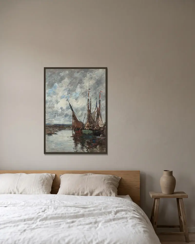 Trouville, strandade segelbåtar av Eugène Boudin inramad på en vägg