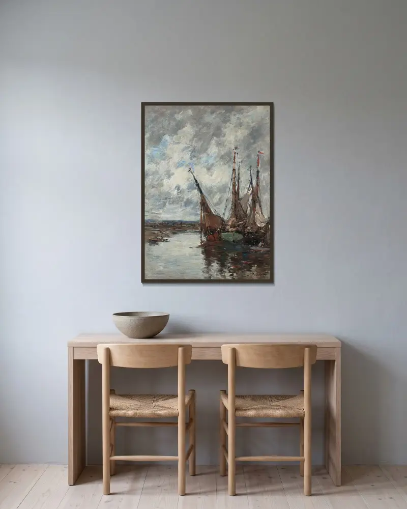 Trouville, strandade segelbåtar av Eugène Boudin inramad på en vägg