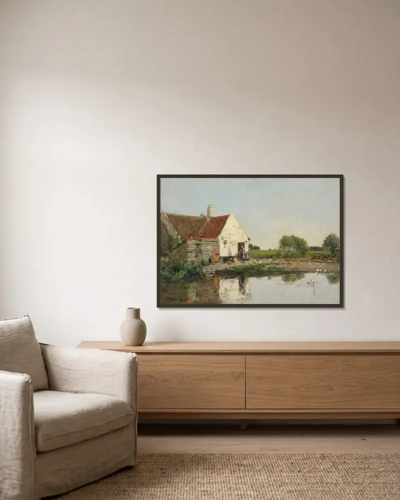 Ett hörn av en gård i närheten av Dunkerque av Eugène Boudin inramad på en vägg