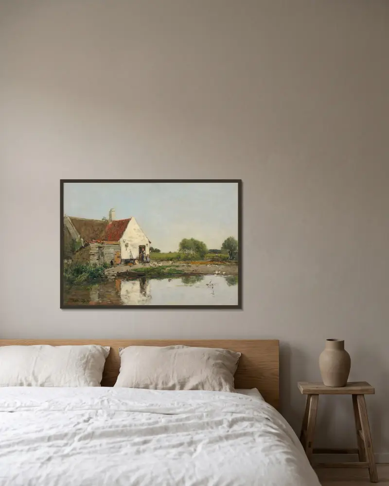 Ett hörn av en gård i närheten av Dunkerque av Eugène Boudin inramad på en vägg
