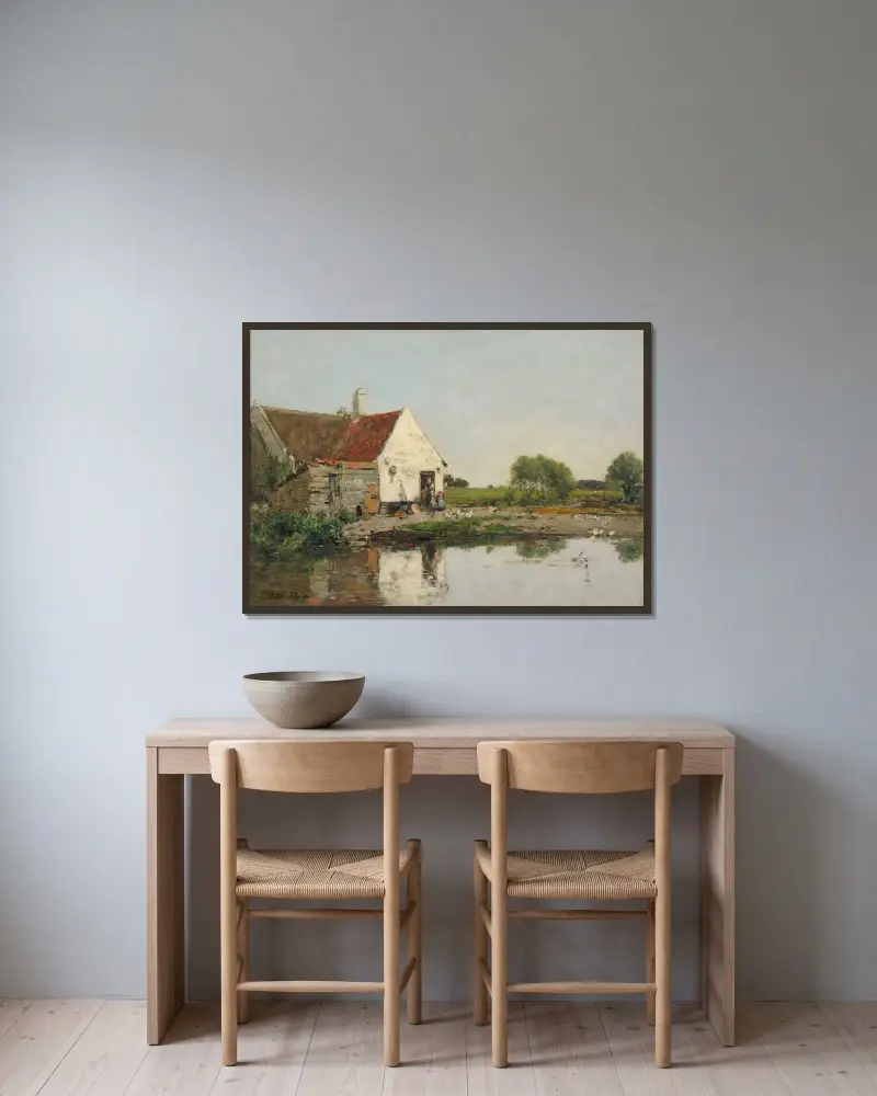Ett hörn av en gård i närheten av Dunkerque av Eugène Boudin inramad på en vägg