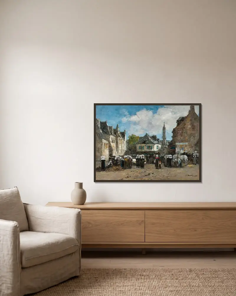 En marknad i Bretagne av Eugène Boudin inramad på en vägg