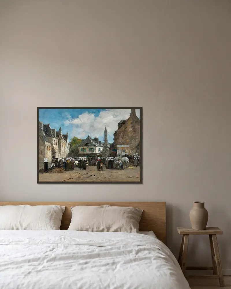 En marknad i Bretagne av Eugène Boudin inramad på en vägg