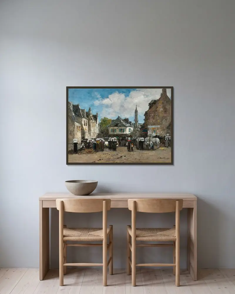 En marknad i Bretagne av Eugène Boudin inramad på en vägg