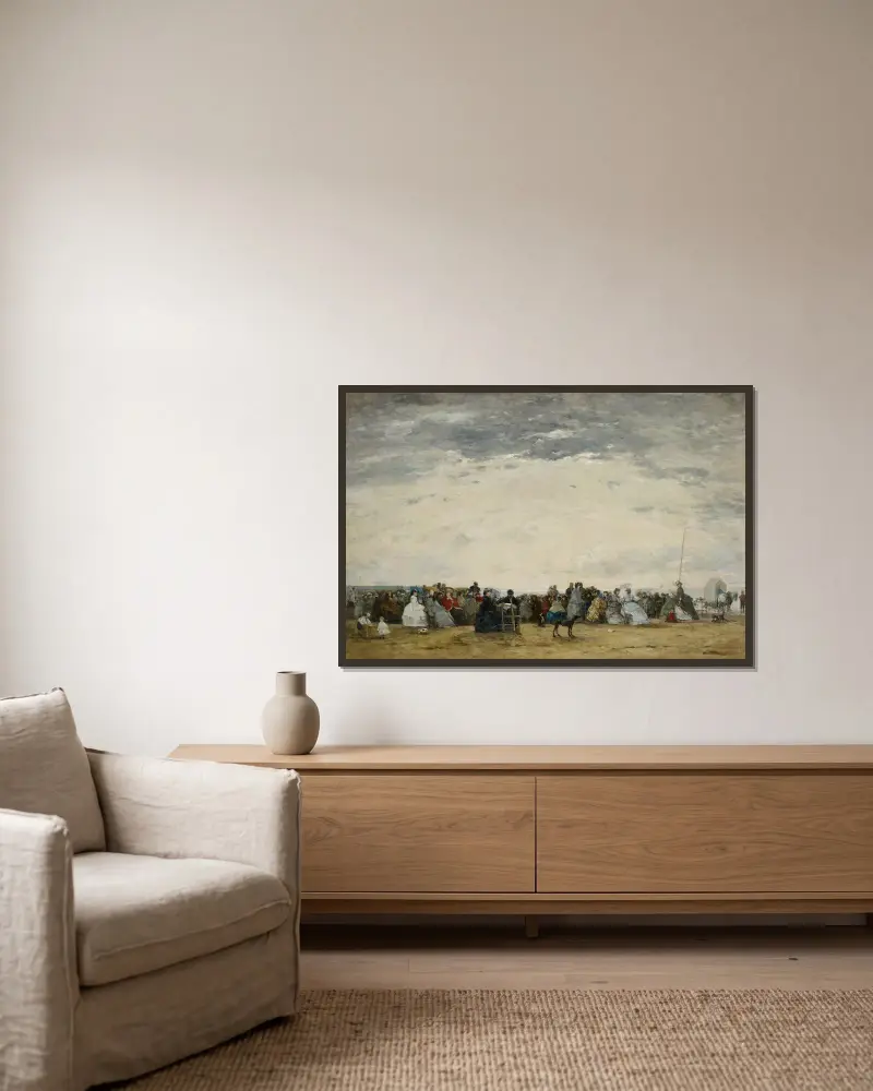Vacationers on the Beach at Trouville av Eugène Boudin inramad på en vägg