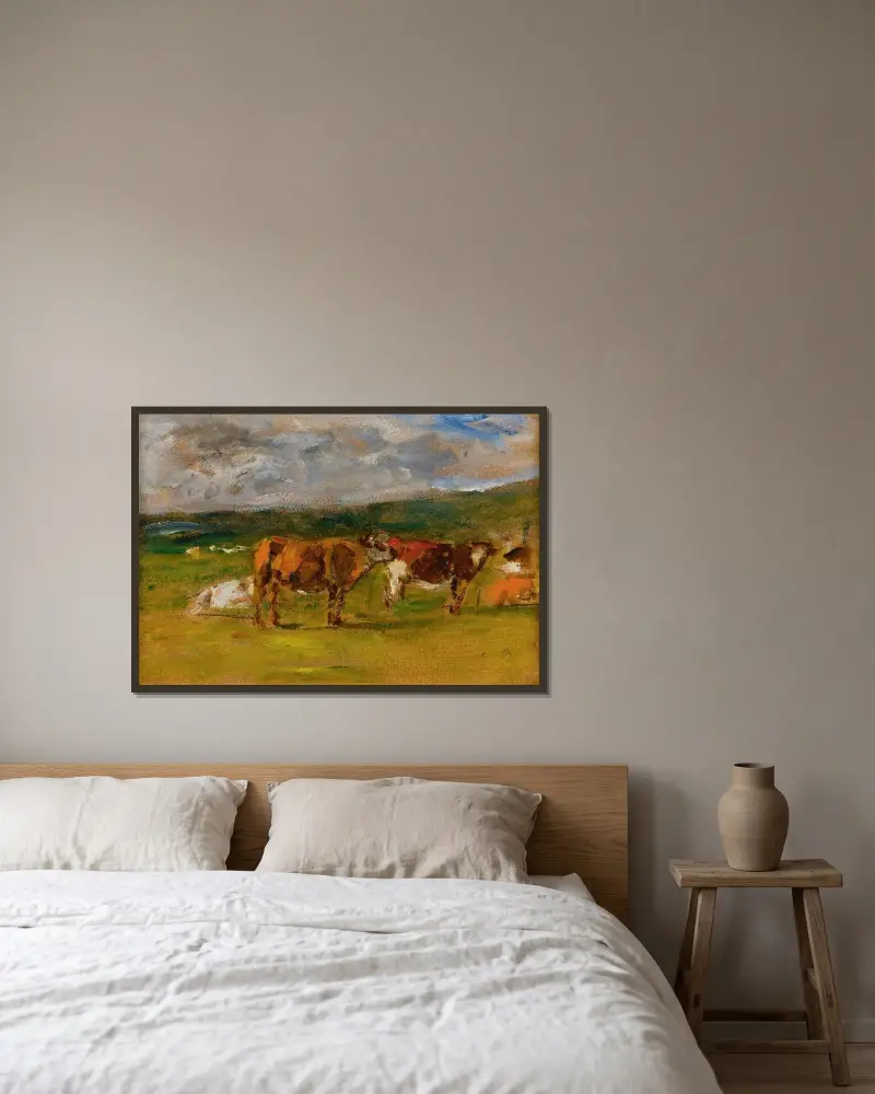 Kor på bete (studie) av Eugène Boudin inramad på en vägg