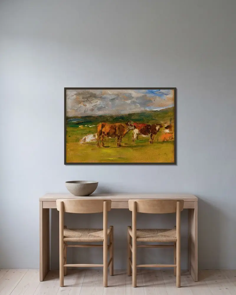 Kor på bete (studie) av Eugène Boudin inramad på en vägg
