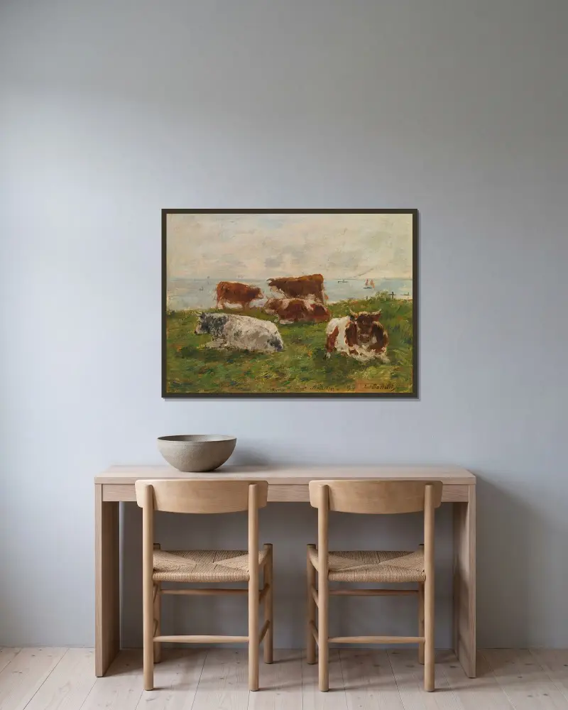Kor på ängen vid havet av Eugène Boudin inramad på en vägg