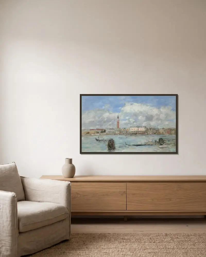 Venedig, campanilen, Dogepalatset och Piazzettan sedda från San Giorgio av Eugène Boudin inramad på en vägg
