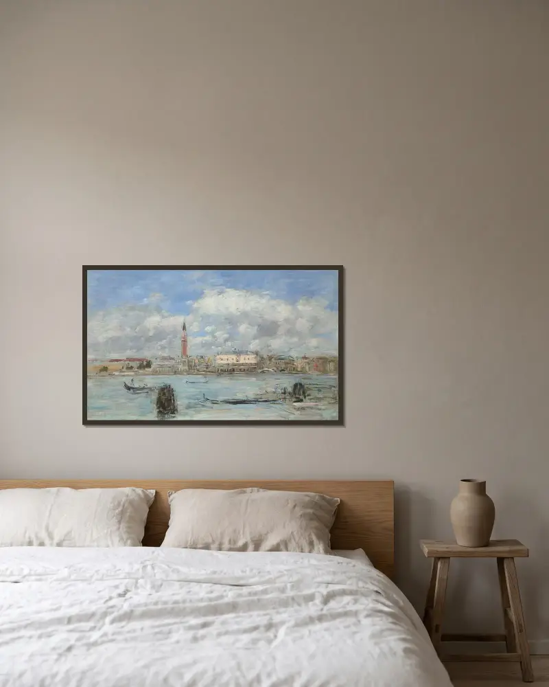 Venedig, campanilen, Dogepalatset och Piazzettan sedda från San Giorgio av Eugène Boudin inramad på en vägg