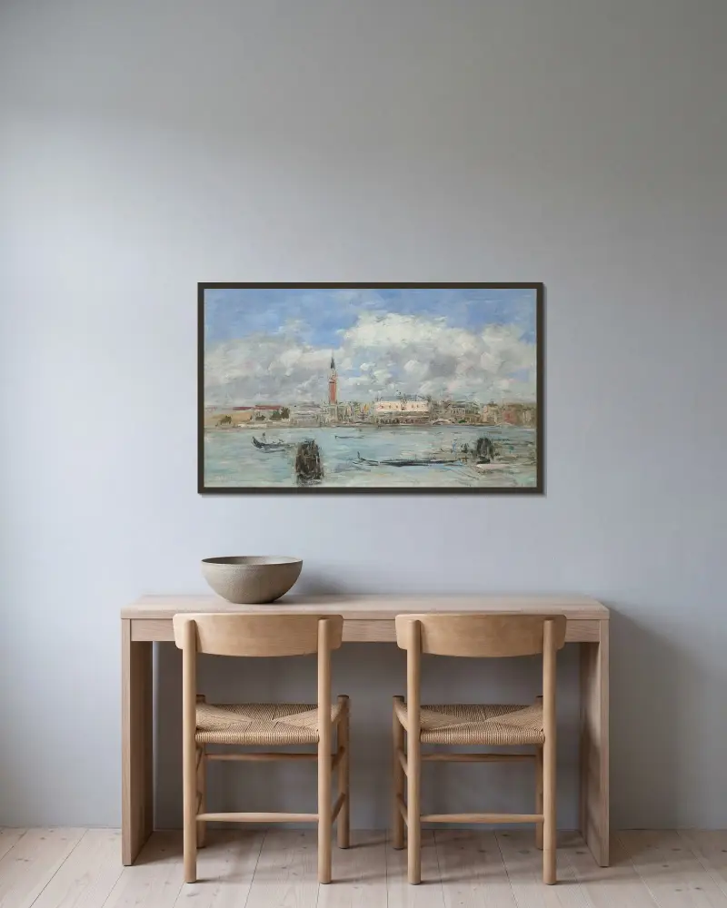 Venedig, campanilen, Dogepalatset och Piazzettan sedda från San Giorgio av Eugène Boudin inramad på en vägg