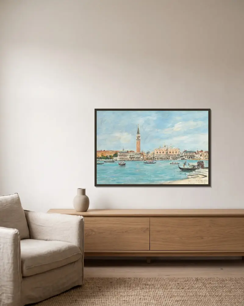 Venedig. Campanilen, Dogepalatset och Piazzettan. Vy från San Giorgio av Eugène Boudin inramad på en vägg