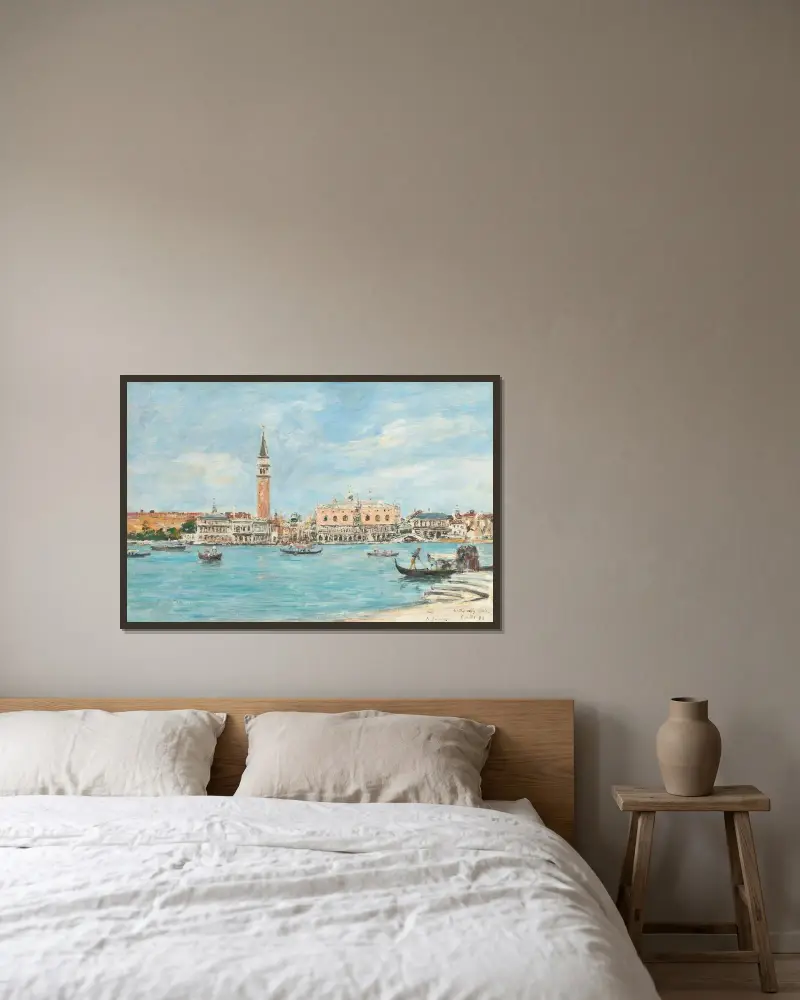 Venedig. Campanilen, Dogepalatset och Piazzettan. Vy från San Giorgio av Eugène Boudin inramad på en vägg